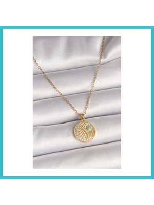 Defne Store 316L Çelik Gold Renk Zincir Zirkon Taş Işlemeli Mavi Taş Detaylı Madalyon Model Kadın Kolye Dfnbez