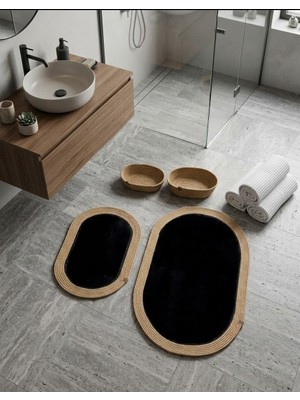 Senza Atelier Lüks 4’lü Banyo & Antre Seti – Ortası Peluş Doğal Jüt Halat Paspas Takımı ve 2’li Sepet