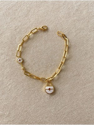 BROTLIWY Gold Renk Beyaz Mineli Kilit Çarmlı Ataç Zincir Paslanmaz Çelik Kadın Bileklik