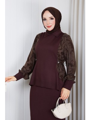 Pamuk Butik Kadın Ipek Kupra Detaylı Merserize Ikili Triko Takım -PMK625