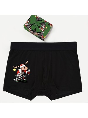Modacix Mutlu Yıllar Erkek Hediye Siyah Yılbaşı Boxer