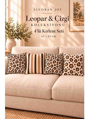 Elvoran Joy Leopar Desenli 4’lü Kırlent Seti 43X43 cm Çizgili Geometrik Dekoratif Koltuk Yastığı