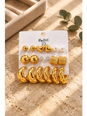 Lykos Kadın Gold Renk 9'lu Kombin Küpe Seti Kalp Inci Görünümlü ve Halka Model