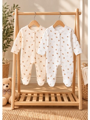 Simurg Baby %100 Pamuklu Yenidoğan Bebek Desenli Patikli 2'li Tulum Seti 3-6 Ay