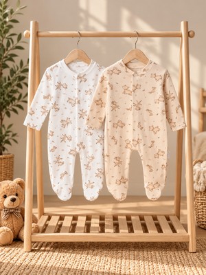 Simurg Baby %100 Pamuklu Kız Bebek Yenidoğan Desenli Patikli 2'li Tulum Seti 3-6 Ay