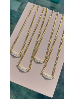 Bade Jewelry Vip Gold Oval Taş Detaylk Gurmet Zincir Kararmaz Çelik Şık Kolye 45 cm
