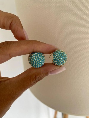 Bade Jewelry Fd Gold&mavi Top Detaylı Modern Kararmaz Çelik Premium Küpe