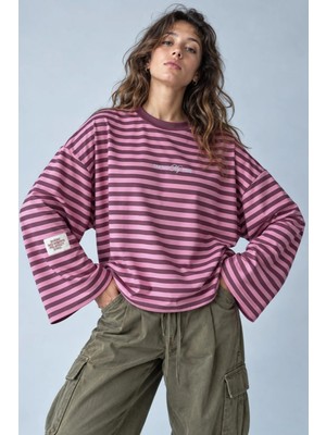 Hiccup Kadınlar Çizgili Oversize Sweatshirt Mor