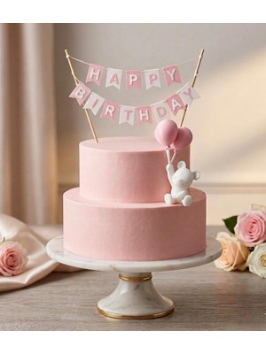 Home Doğum Günü Pasta Süsü Seti - Ipli Banner ve Balonlu Ayıcık Figürü (10 Cm)