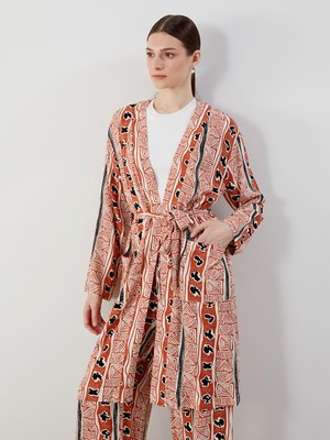 LC Waikiki Lcw Modest Turuncu Şal Yaka Desenli Oversize Kadın Kimono