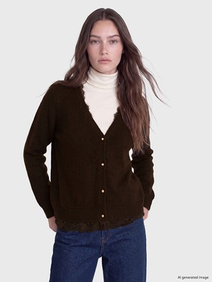 LC Waikiki Lcw Modest Kahverengi V Yaka Dantel Detaylı Kadın Triko Hırka