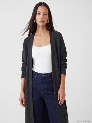 LC Waikiki Lc Waıkıkı Antrasit Şal Yaka Oversize Kadın Triko Hırka