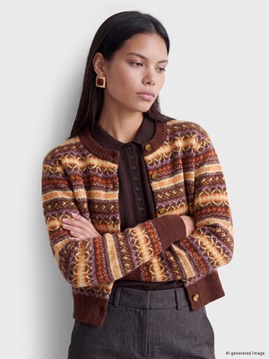 LC Waikiki Lcw Modest Kahverengi Desenli Kadın Triko Hırka