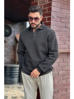 Guaraz Erkek Polo Yakalı Pamuklu Yumuşak Kalın Kumaşlı Oversize Sweatshirt