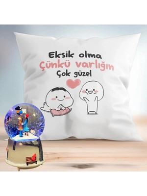 RK Tasarım Eksik Olma Puf Yastık & Sokak Lambası Işıklı Kar Küresi Sevgiliye Hediye