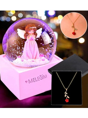 RK Tasarım Sevgiliye Hediye Melek Sevgilim Kar Küresi & Gold Rose Gül Kolye