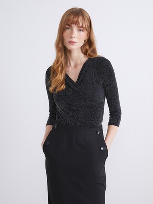 LC Waikiki Lcw Everyday Siyah Kruvaze Yaka Parlak Görünümlü Bluz