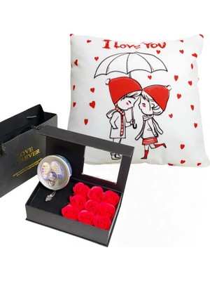 RK Tasarım Istiridye Içinde Inci Kolyeli Kırmızı Gül Kutusu ve I Love You Yastık Sevgiliye Hediye