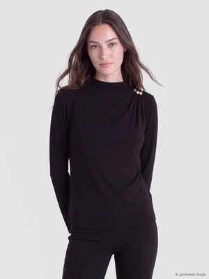 LC Waikiki Lcw Modest Siyah Dik Yaka Büzgülü Bluz