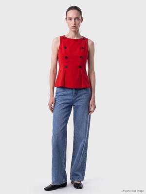 LC Waikiki Lcw Comfort Kırmızı Bisiklet Yaka Süs Düğmeli Peplum Bluz