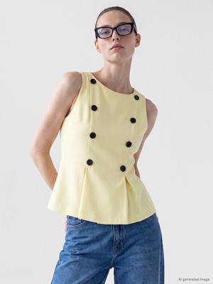 LC Waikiki Lcw Comfort Sarı Bisiklet Yaka Süs Düğmeli Peplum Bluz