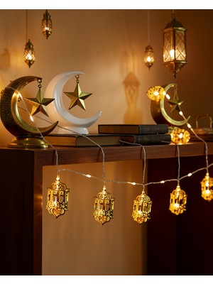 Ecruz Pilli Altın Renkli LED Fener Işık Ramazan Dekoru