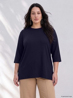 LC Waikiki Lcw Curve Lacivert Büyük Beden Bisiklet Yaka Bluz