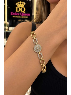 Dolce Queen Xuping Işıltılı Rozet Detaylı Çelik Zincir Kadın Bileklik