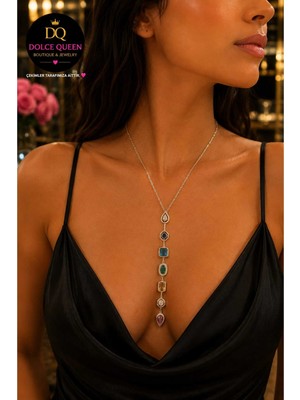 Dolce Queen Kadın Gümüş Renk Xuping Çok Renkli Taşlı Y Model Kolye
