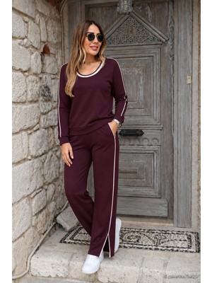 Trend Cojans Kadın Uzun Kollu Yuvarlak Yakalı Şerit Detaylı Viskon Iki Iplik Bluz ve Yırtmaçlı Pantolon  Ikili Takım