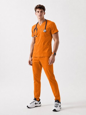 Üças İş Giyim Orange Lux Likralı Scrubs Takım Doktor Hemşire Forması Erkek