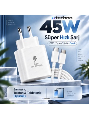 45W (Watt) Samsung Uyumlu Süper Hızlı Şarj Uyumlu Başlık | Type-C To Type-C Kablo Set Beyaz Utechno