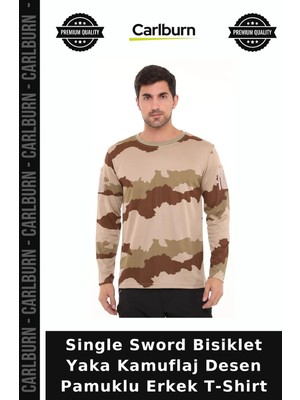 Carlburn Single Sword Bisiklet Yaka Kamuflaj Desen Pamuklu Erkek T-Shirt Tarz Tişört Doğa Yürüyüşü Esnek Üst