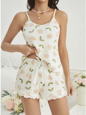 Meks Kadın Ekru Çiçek Baskılı Şortlu Gecelik Pijama Takımı 5047