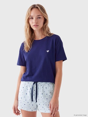 LC Waikiki Lcw Dream Mavi Kalp Desenli Kadın Şortlu Pijama Takımı