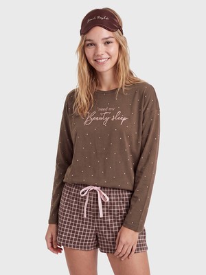 LC Waikiki Lcw Dream Kahverengi Desenli Kadın Şortlu Pijama Takımı