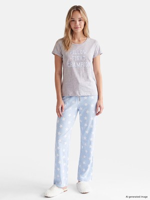 LC Waikiki Lcw Dream Mavi Bisiklet Yaka Baskılı Kadın Pijama Takım