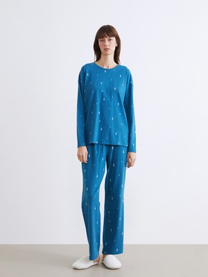 LC Waikiki Lcw Dream Turkuaz Bisiklet Yaka Yılbaşı Temalı Kadın Pijama Takımı