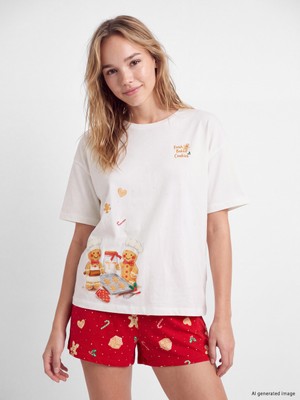LC Waikiki Lcw Dream Kırmızı Yılbaşı Temalı Kadın Şortlu Pijama Takımı