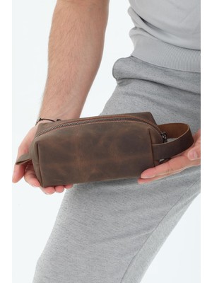 Erzeno Erkek Hakiki Deri Portföy Clutch Traş Bakım Kozmetik Çantası ve Günlük El Çantası Dopp Kit Kahverengi