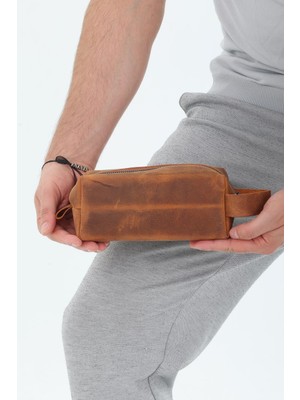 Erzeno Erkek Hakiki Deri Portföy Clutch Traş Bakım Kozmetik Çantası ve Günlük El Çantası Dopp Kit Taba