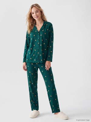 LC Waikiki Lcw Dream Yeşil Yılbaşı Temalı Kadın Pijama Takım