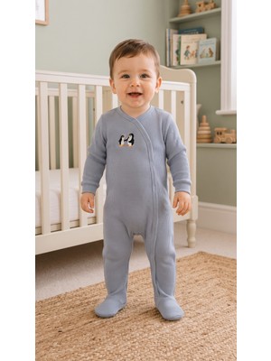 Hafy Baby Penguen Yolu Serisi, Erkek Bebek, Penguen Nakışlı Çapraz Çıtçıtlı Tulum
