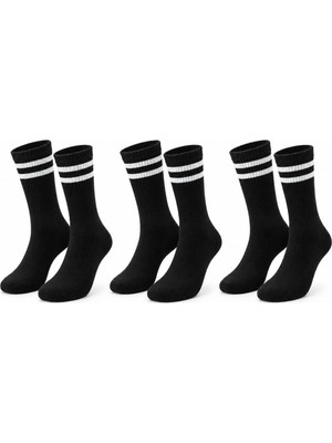 Melonika Siyah Çorap Beyaz Çizgili 3'lü Set Unisex Uzun Soket Günlük Spor Rahat Kolej Stil Çorap Seti C