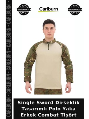 Carlburn Single Sword Dirseklik Tasarımlı Polo Yaka Erkek Combat Tişört Açık Hava Kıyafeti Yürüyüş Üstü