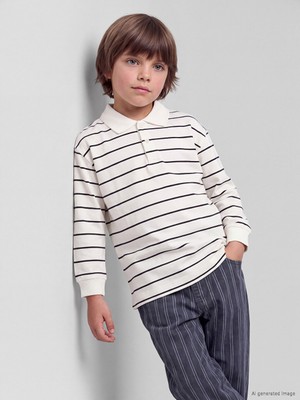 LC Waikiki Lcw Kids Bej Polo Yaka Çizgili Erkek Çocuk Tişört