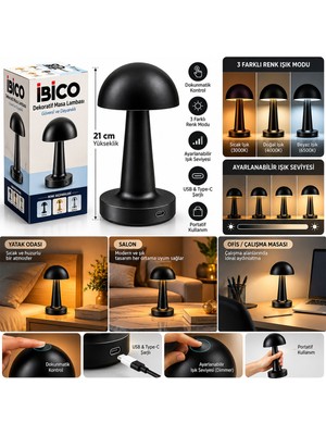 Str Store Siyah - Oval Dekoratif Masa Lambası Mantar Dokunmatik USB - Type-C Şarjlı 3 Fonksiyon Renkli İ10-028