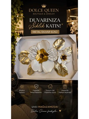 Dolce Queen Dekoratif Beyaz Altın Çiçek Motifli Metal Duvar Süsü