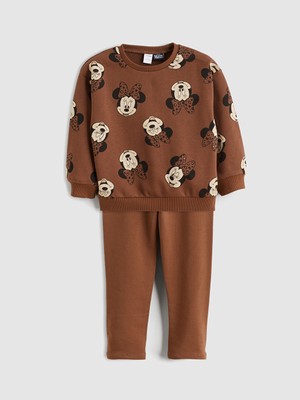 LC Waikiki Lcw Kids Kahverengi Minnie Mouse Baskılı Kız Çocuk Sweatshirt ve Tayt