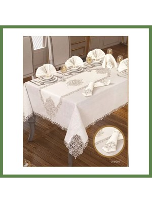 Bezos Elegant Linen Krem-Gümüş 12 Kişilik 26 Parça 160 × 260 cm Runner Premium Sofra Masa Takımı HB006